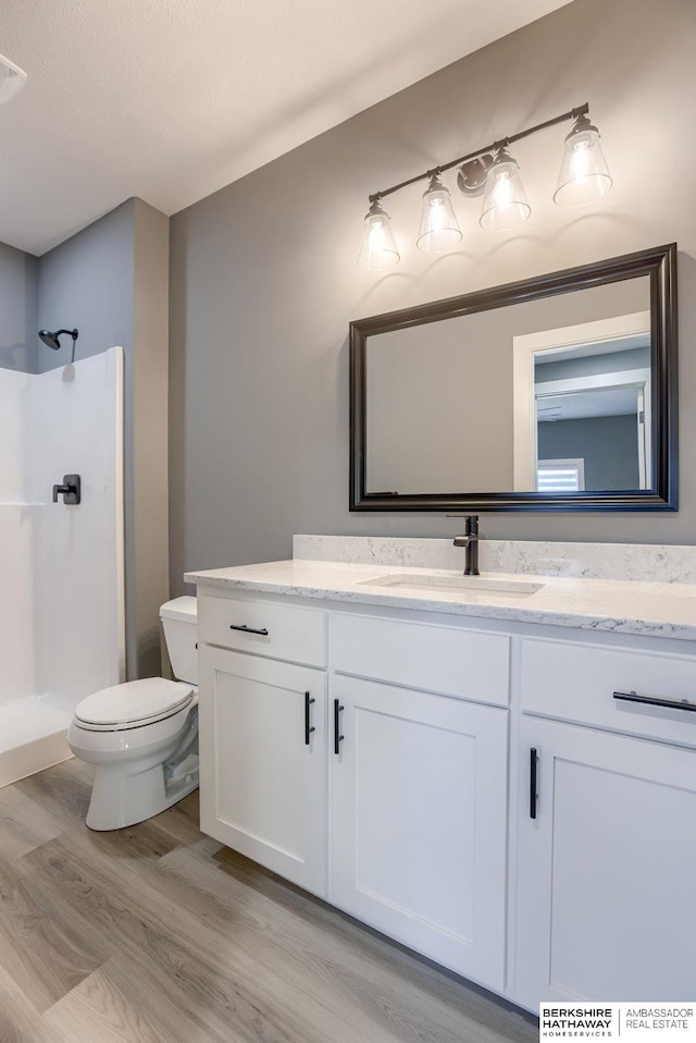 bathroom with toilet, wood finished floors, vanity, and a walk in shower