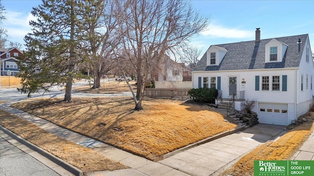 view of front facade featuring fence, an attached garage, a chimney, a shingled roof, and concrete driveway