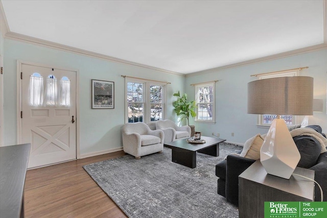 living room featuring baseboards, wood finished floors, and crown molding