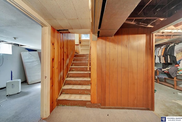 staircase with wood walls