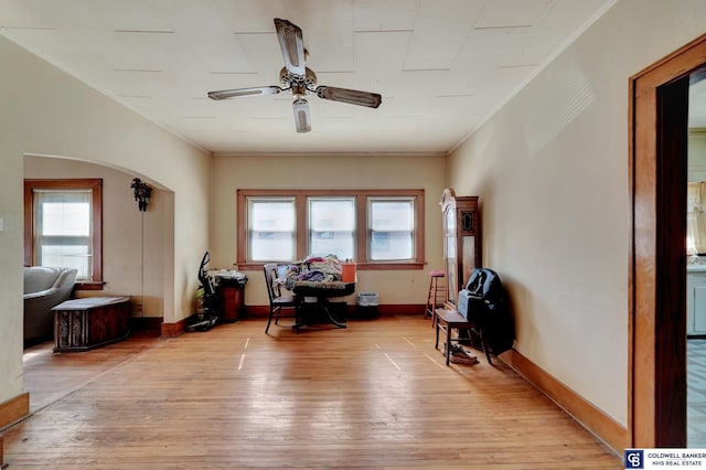 interior space featuring light wood-style flooring, baseboards, crown molding, and ceiling fan