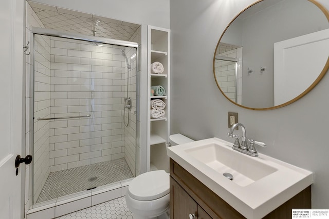 full bathroom featuring toilet, a stall shower, and vanity