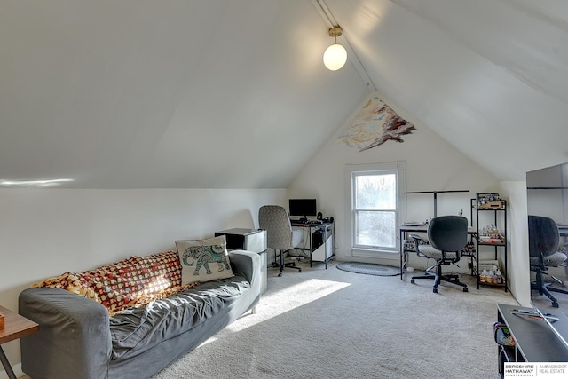 carpeted office with vaulted ceiling