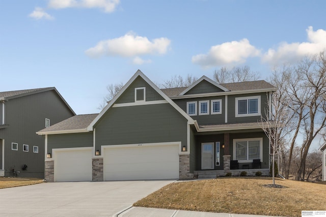 craftsman inspired home featuring concrete driveway, an attached garage, stone siding, and roof with shingles