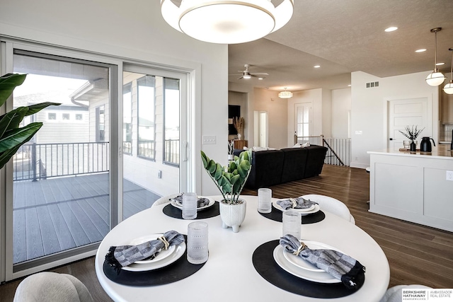 dining room featuring dark wood finished floors, visible vents, recessed lighting, and a ceiling fan