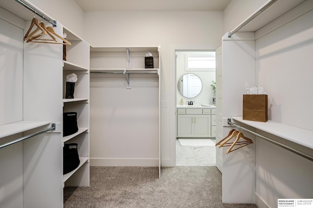 walk in closet featuring light carpet and a sink