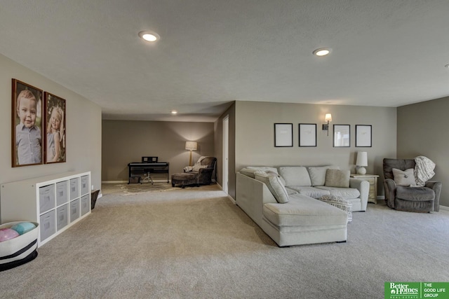 living room featuring carpet flooring, recessed lighting, and baseboards