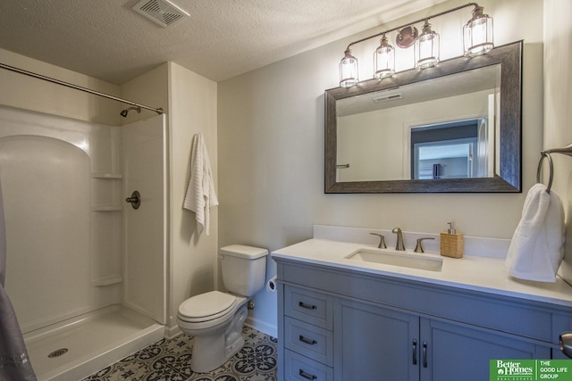 bathroom with a shower, visible vents, toilet, and vanity