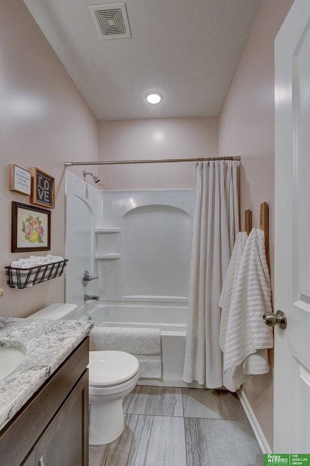 full bathroom with visible vents, toilet, vanity, a textured ceiling, and shower / bathtub combination with curtain