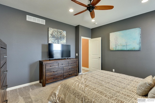 bedroom with a ceiling fan, baseboards, visible vents, recessed lighting, and light carpet