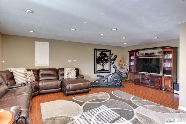 living room featuring recessed lighting and light wood finished floors