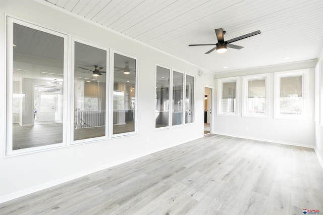 unfurnished sunroom featuring wood ceiling and ceiling fan