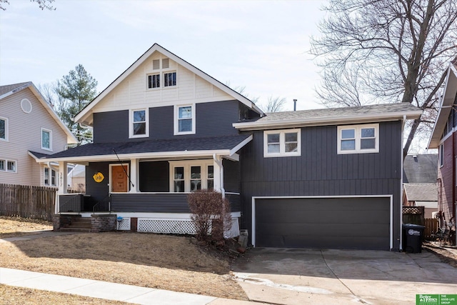 view of front of property featuring a shingled roof, fence, concrete driveway, covered porch, and a garage