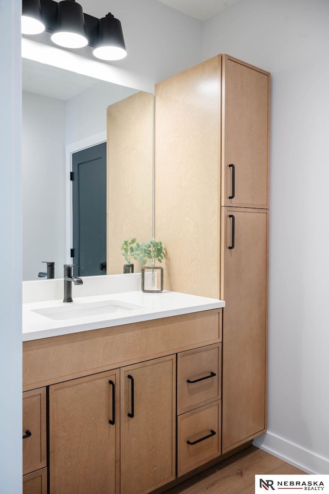 bathroom with vanity, baseboards, and wood finished floors