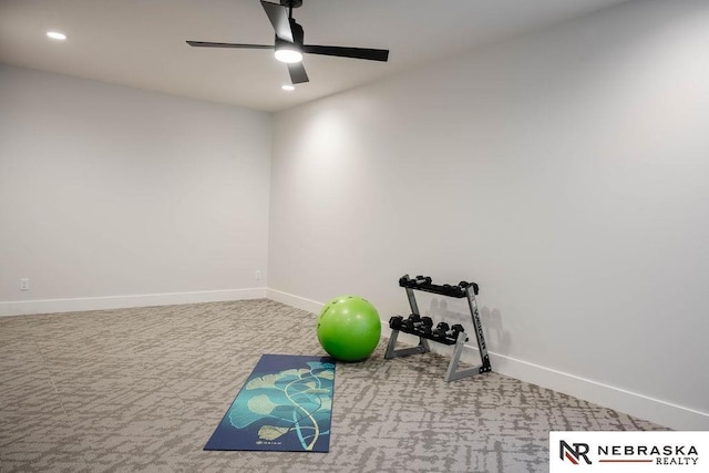 workout room featuring recessed lighting, baseboards, carpet, and a ceiling fan