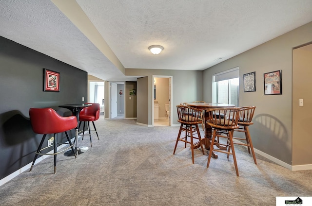 dining area featuring light colored carpet, baseboards, and a textured ceiling