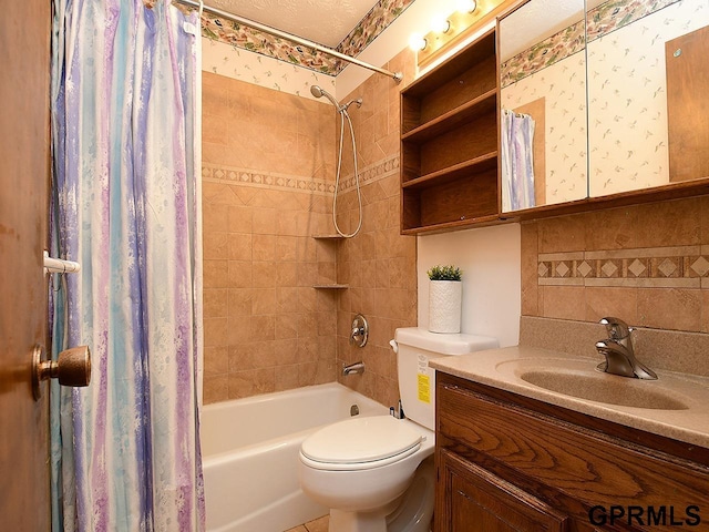 bathroom with toilet, shower / bath combo, backsplash, wallpapered walls, and vanity