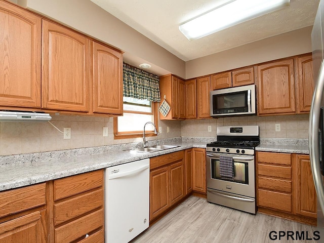 kitchen featuring light wood-type flooring, a sink, backsplash, appliances with stainless steel finishes, and light countertops