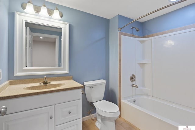 full bath with tile patterned floors, toilet, vanity, and bathtub / shower combination