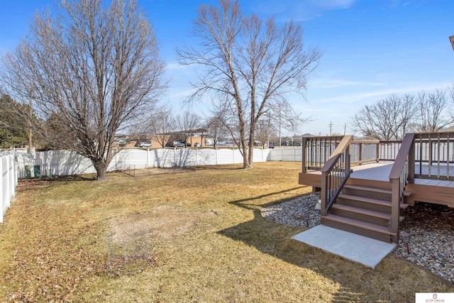 view of yard with a deck and a fenced backyard