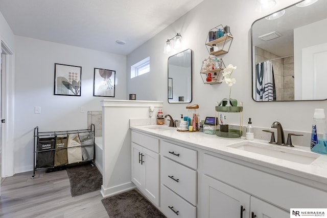 bathroom featuring double vanity, wood finished floors, a shower with shower curtain, and a sink