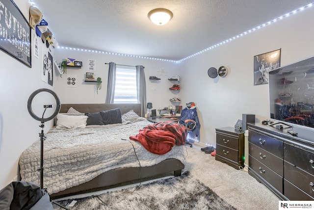 bedroom with carpet and a textured ceiling