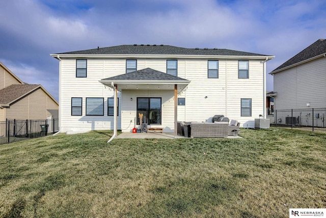 back of property with cooling unit, a lawn, a fenced backyard, and outdoor lounge area