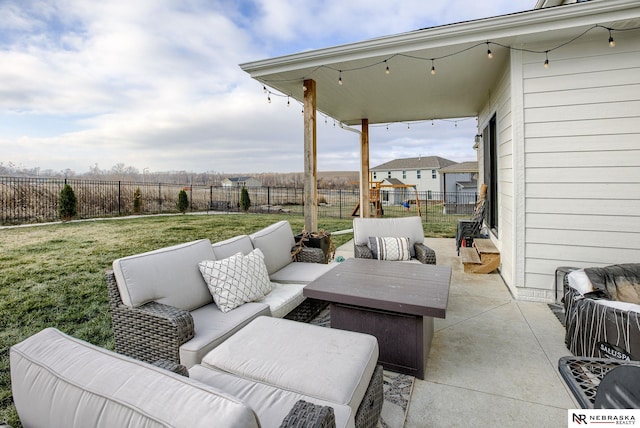 view of patio with outdoor lounge area, a playground, and a fenced backyard