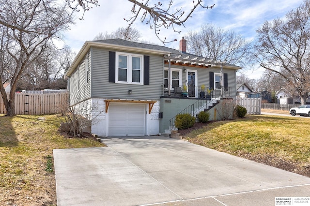 view of front facade with fence, driveway, an attached garage, a chimney, and stairs