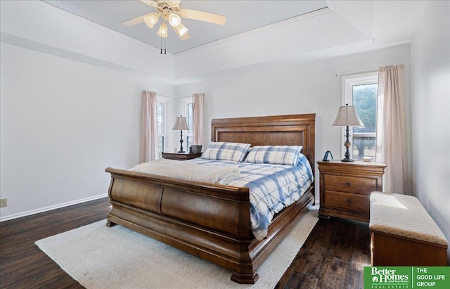 bedroom with a raised ceiling, baseboards, and dark wood-type flooring