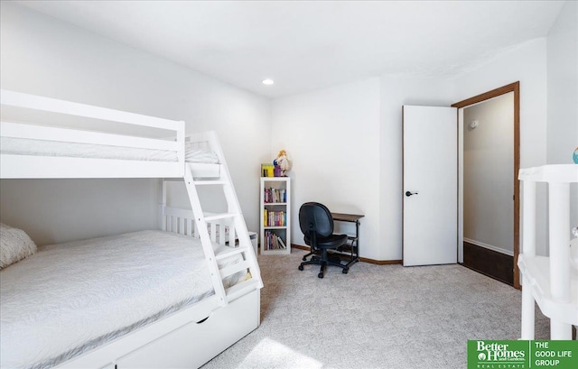 carpeted bedroom featuring recessed lighting and baseboards