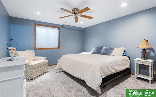 bedroom featuring a ceiling fan, visible vents, carpet, baseboards, and recessed lighting