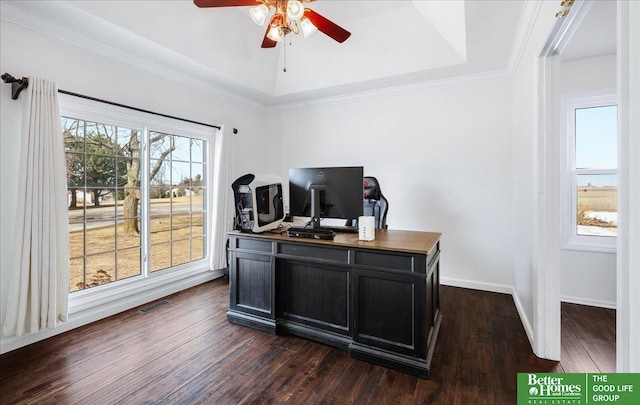 office area featuring a raised ceiling, a ceiling fan, dark wood-style flooring, and visible vents