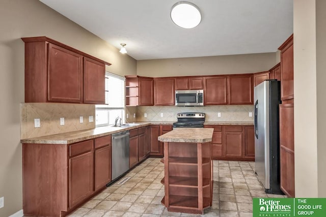 kitchen featuring tasteful backsplash, appliances with stainless steel finishes, light countertops, and open shelves