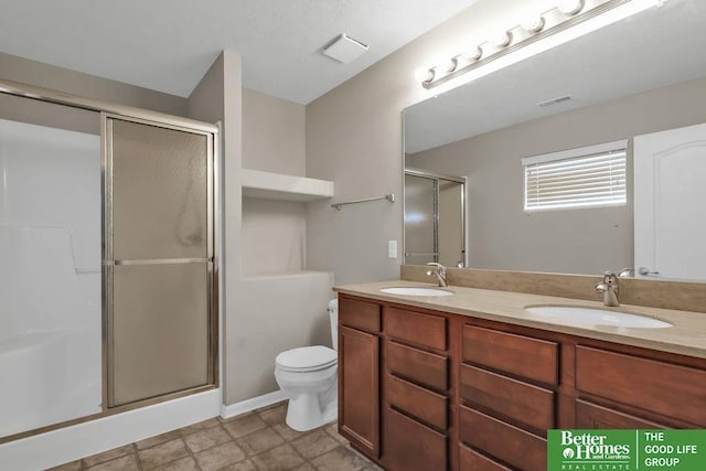 bathroom featuring double vanity, visible vents, a shower stall, and a sink