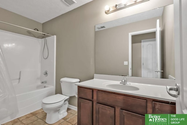 bathroom featuring visible vents, toilet, vanity, and shower / washtub combination