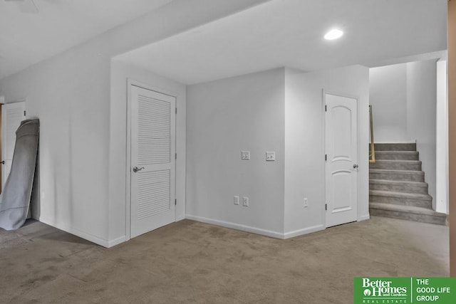 bonus room with recessed lighting, stairway, baseboards, and carpet flooring