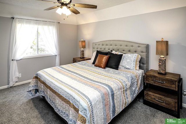 bedroom featuring carpet flooring, a ceiling fan, and baseboards