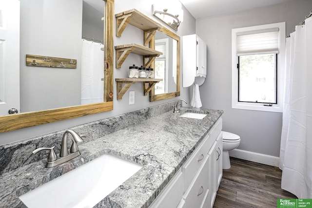 full bathroom with a sink, baseboards, toilet, and wood finished floors