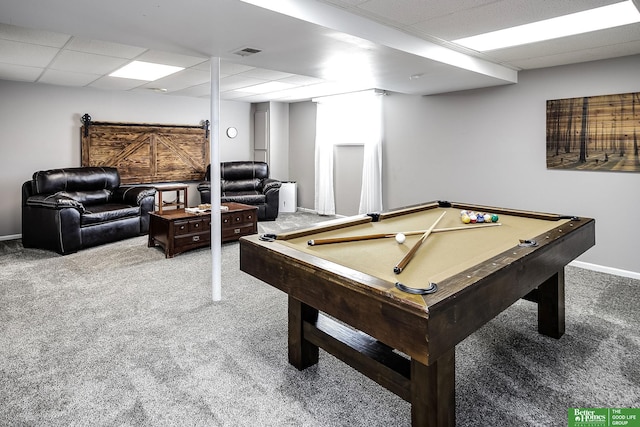 recreation room with a paneled ceiling, visible vents, carpet floors, and billiards