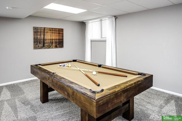 recreation room with a drop ceiling, baseboards, carpet floors, and billiards