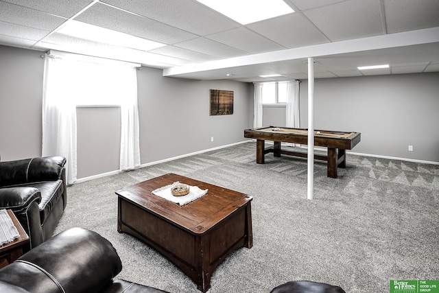 game room with pool table, a drop ceiling, baseboards, and carpet floors