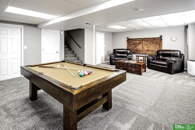 game room featuring pool table, a paneled ceiling, visible vents, and carpet floors