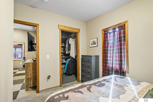 carpeted bedroom with a spacious closet, a closet, and a textured ceiling