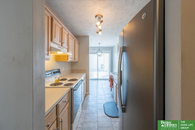 kitchen featuring electric range, freestanding refrigerator, light countertops, under cabinet range hood, and a textured ceiling