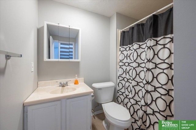 bathroom with toilet, a textured ceiling, vanity, and a shower with curtain