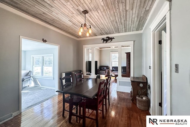 dining room featuring a healthy amount of sunlight, wooden ceiling, and hardwood / wood-style floors