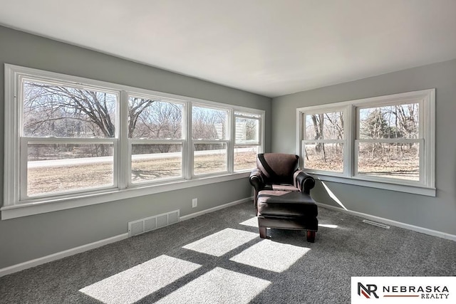 living area with visible vents, carpet, and baseboards