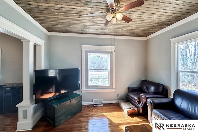 living area with wood finished floors, wood ceiling, and a wealth of natural light