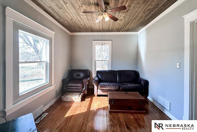 living area with visible vents, wooden ceiling, crown molding, and wood finished floors